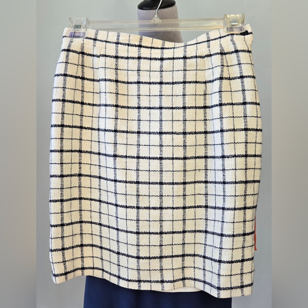 YvesSaintLaurent made in France ivory & navy check woven linen blend skirt sz 10